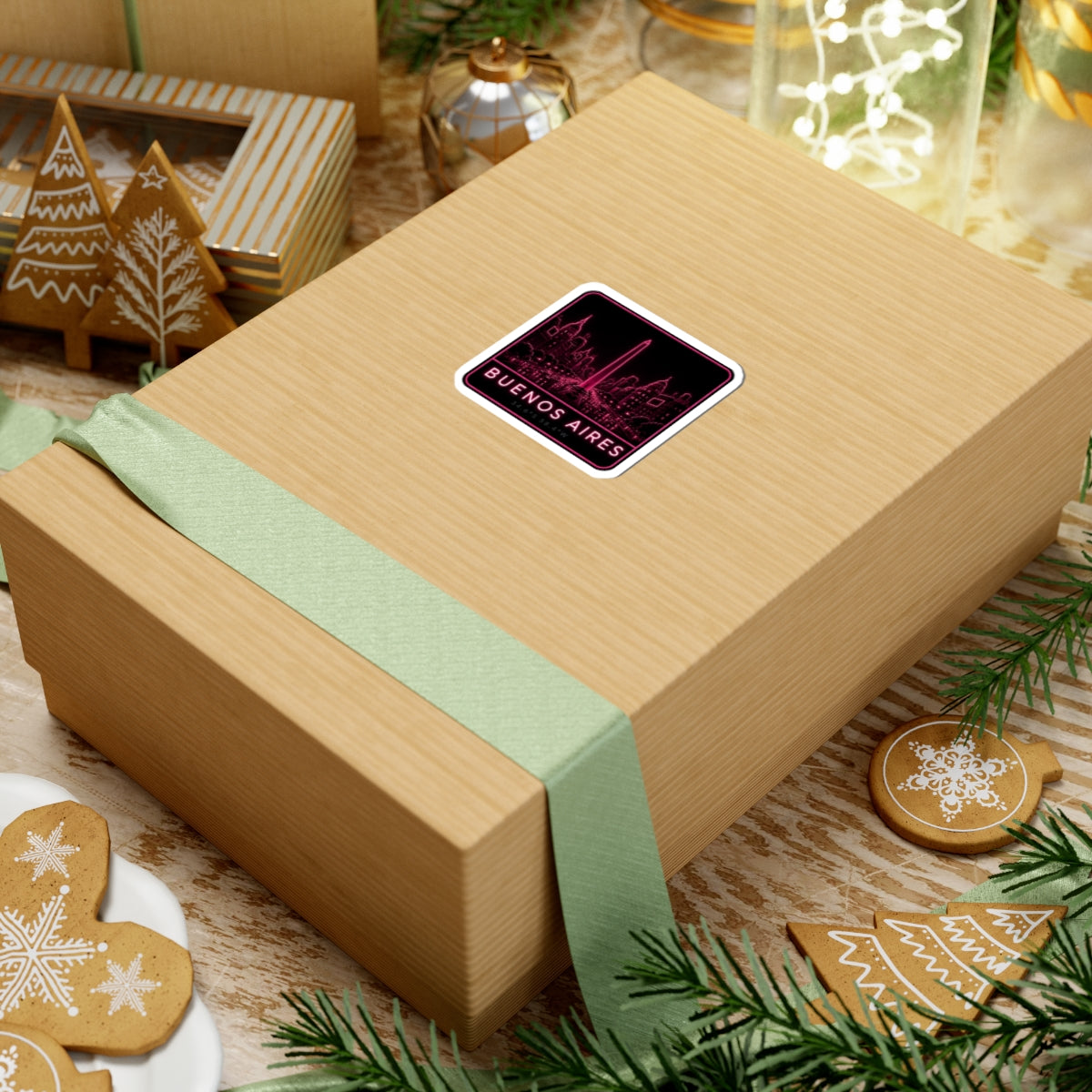 Neon Buenos Aires skyline sticker decal on a wrapped gift box