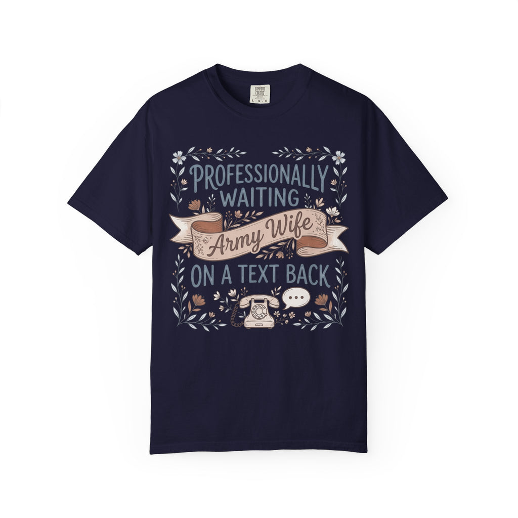 Navy crew-neck T-shirt with floral “Professionally waiting” text and emblems graphic