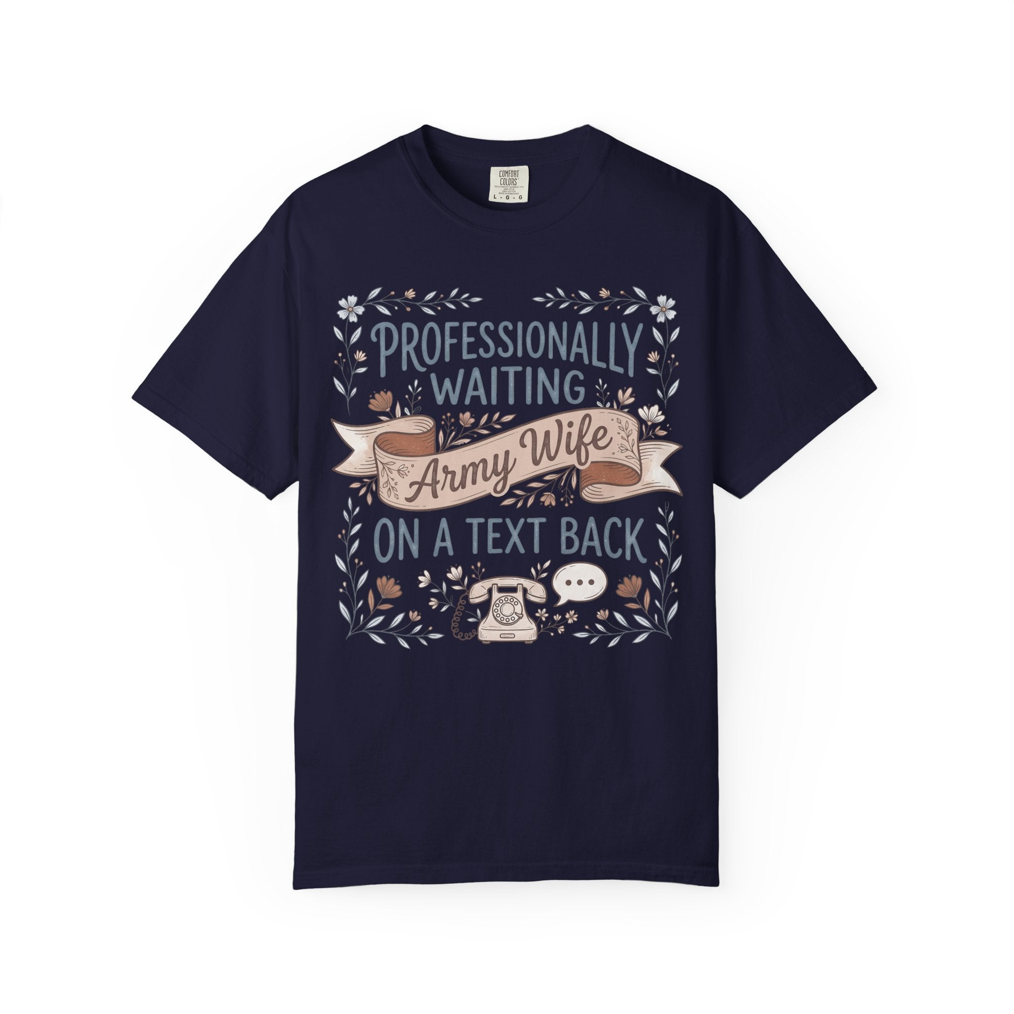 Navy crew-neck T-shirt with floral “Professionally waiting” text and emblems graphic