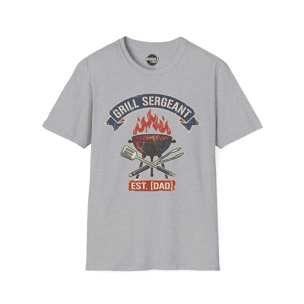 Sport grey Grill Sergeant BBQ T-shirt featuring flaming grill, crossed tools, and “EST. [IDADD]”