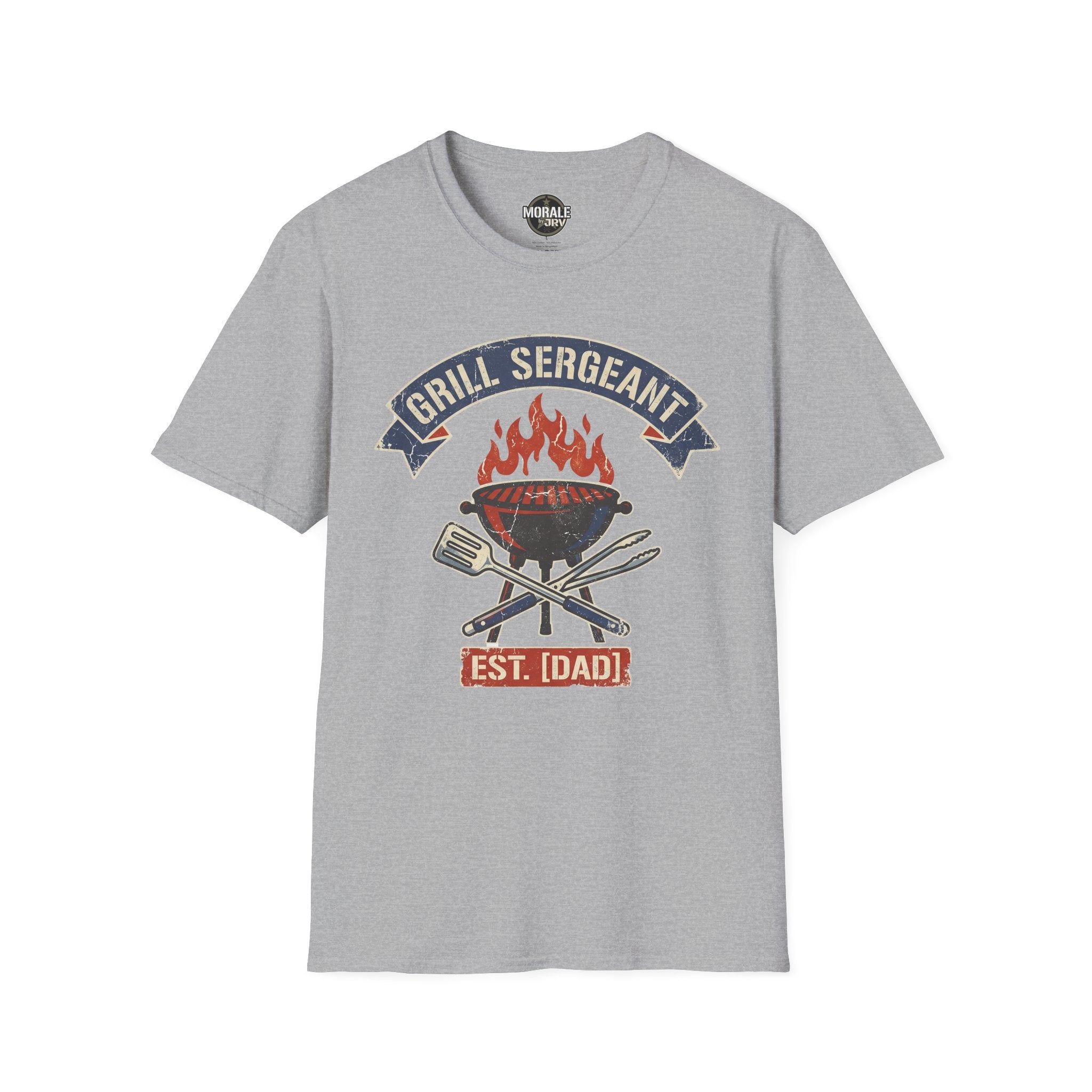 Sport grey Grill Sergeant BBQ T-shirt featuring flaming grill, crossed tools, and “EST. [IDADD]”