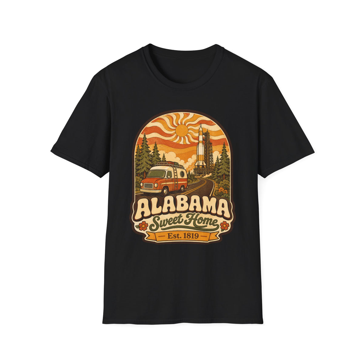Unisex black T-shirt with Alabama Sweet Home vintage camper graphic