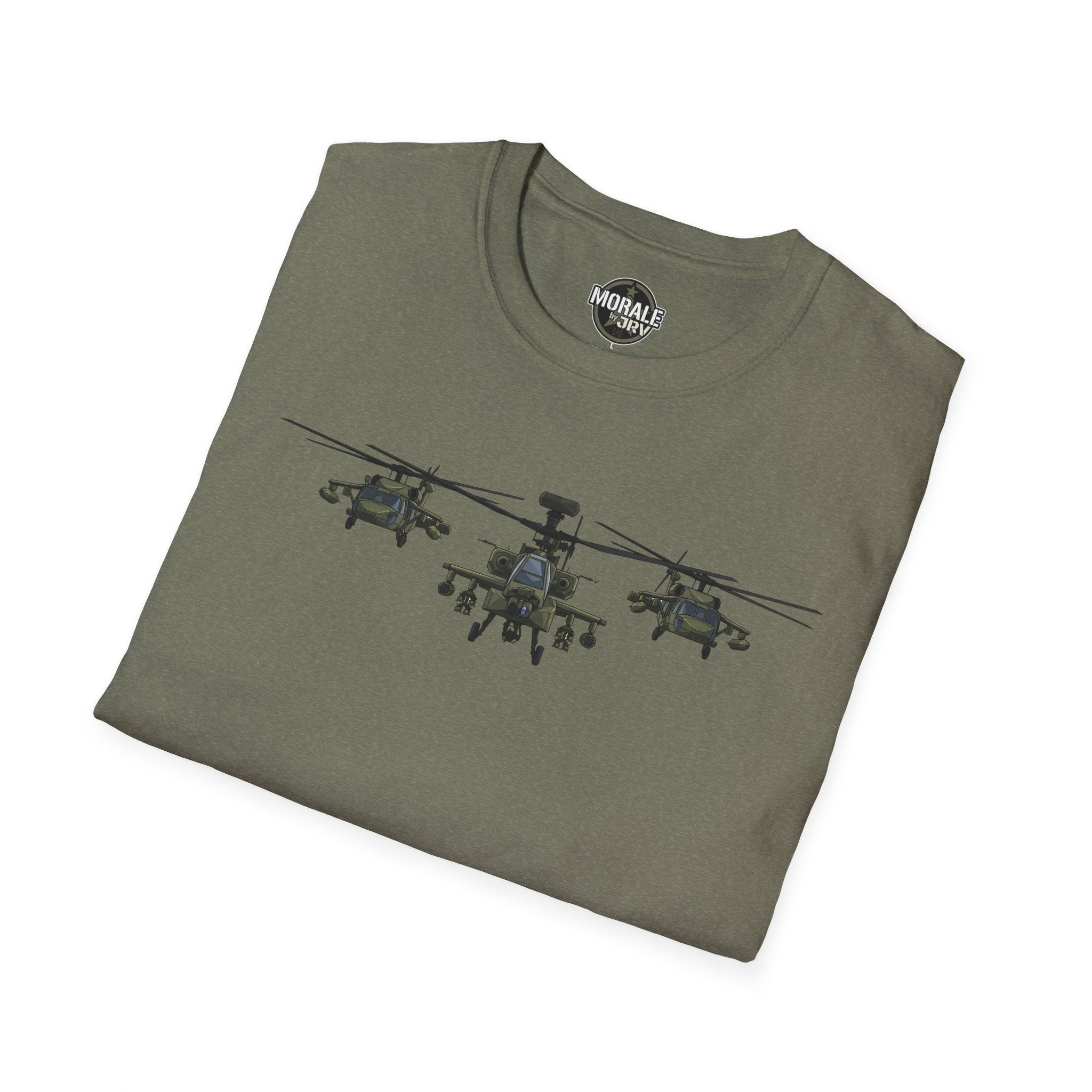 Apache Attack Helicopter T-Shirt in military green with three-attack helicopter graphic