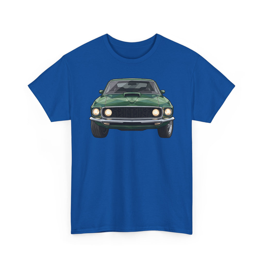 Royal blue T-shirt with vintage green muscle car front and headlights graphic