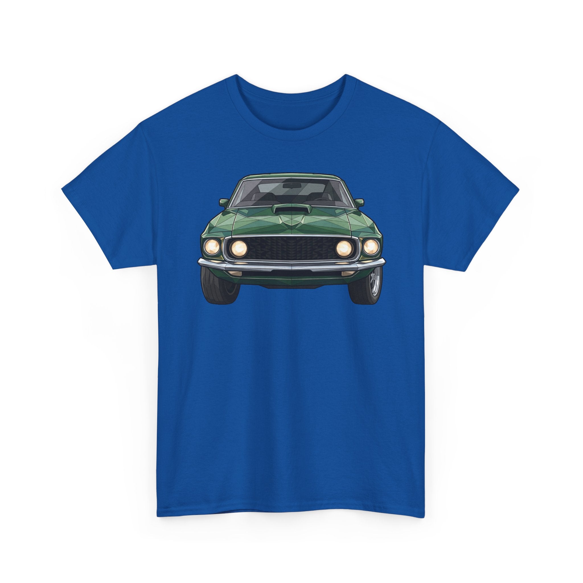 Royal blue T-shirt with vintage green muscle car front and headlights graphic
