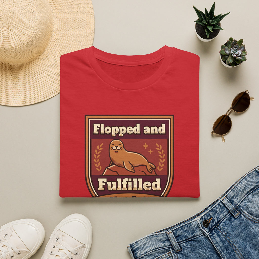 Red seal graphic T-shirt with chest badge text design, crew neck, short sleeves
