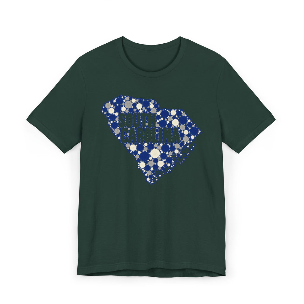 Dark green South Carolina floral map graphic T-shirt with blue dotted outline and text