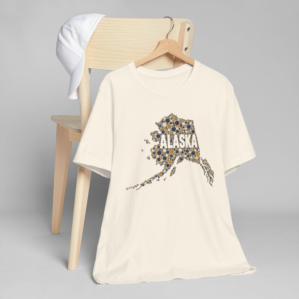 White crew-neck t-shirt with mosaic Alaska state graphic