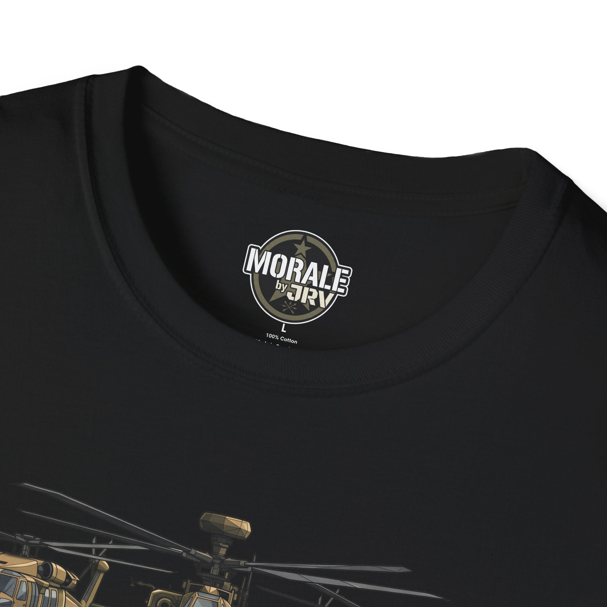 Black T-shirt neckline with round “Morale by DRIV” logo; partial helicopter graphic
