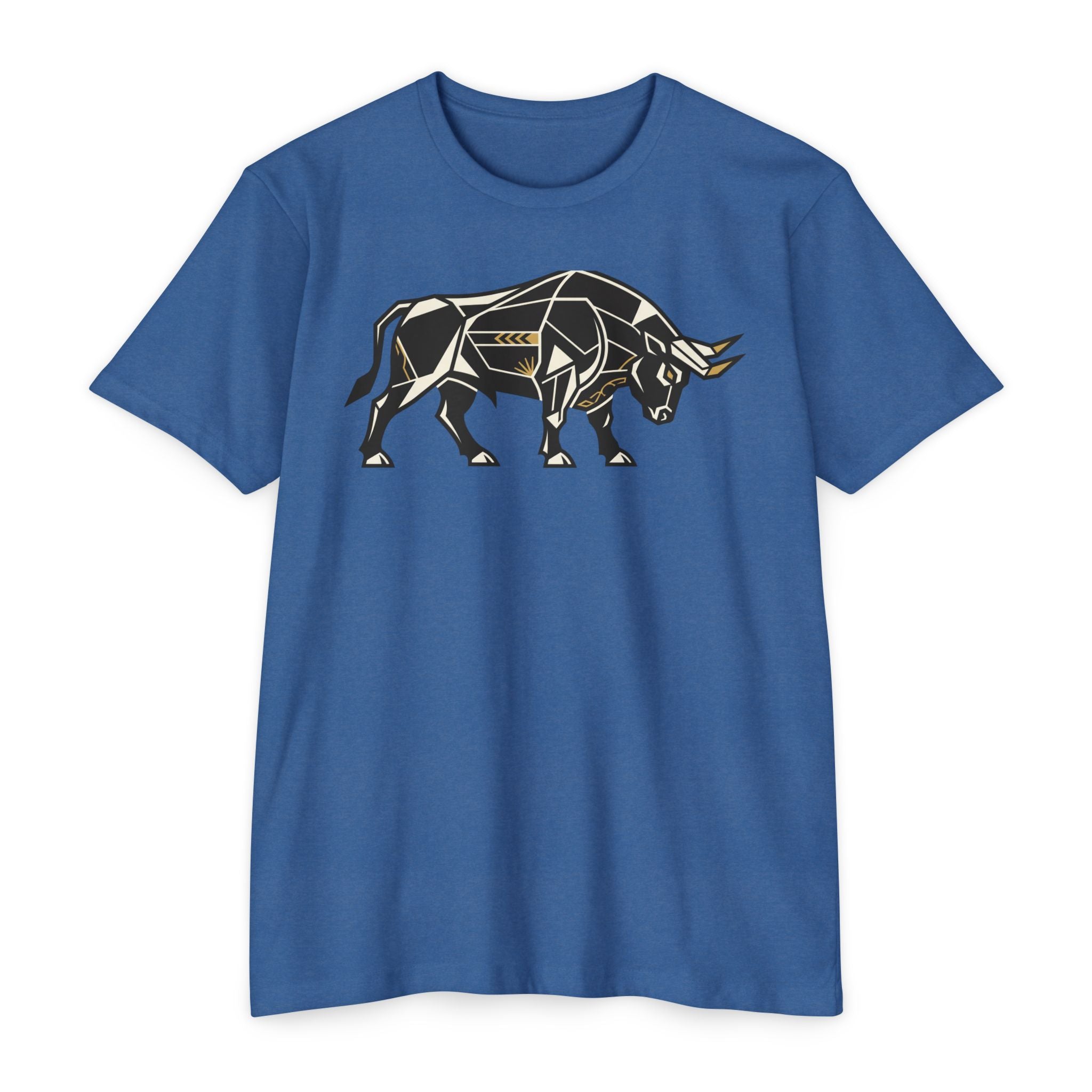 Navy blue T-shirt with geometric charging bull graphic, crew neck, short sleeves