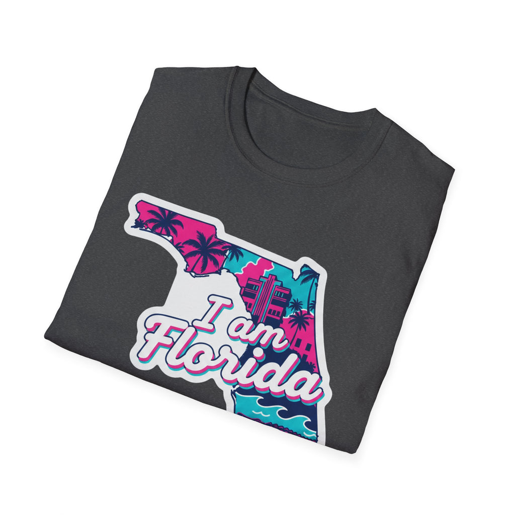 Dark heather gray T-shirt with retro Florida map outline, palm trees, and “I am Florida”