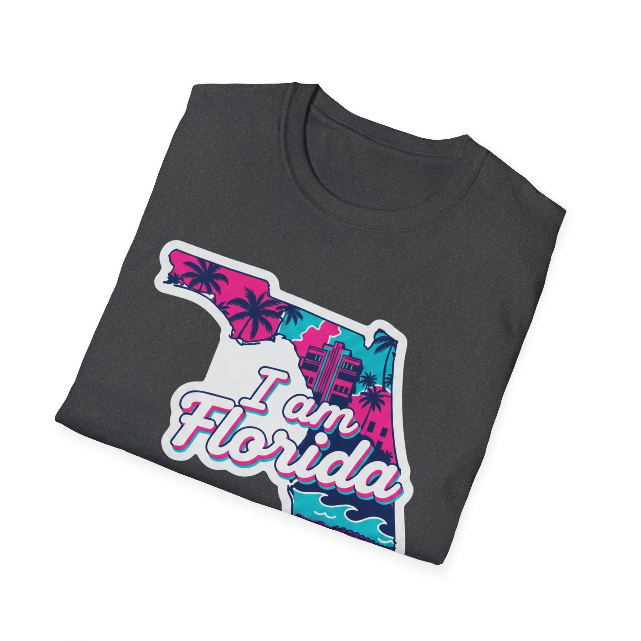 Dark heather gray T-shirt with retro Florida map outline, palm trees, and “I am Florida”