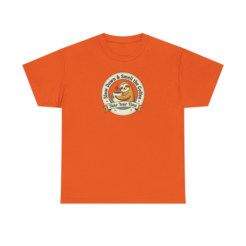 Orange-red sloth graphic T-shirt with circular Take Your Time badge print