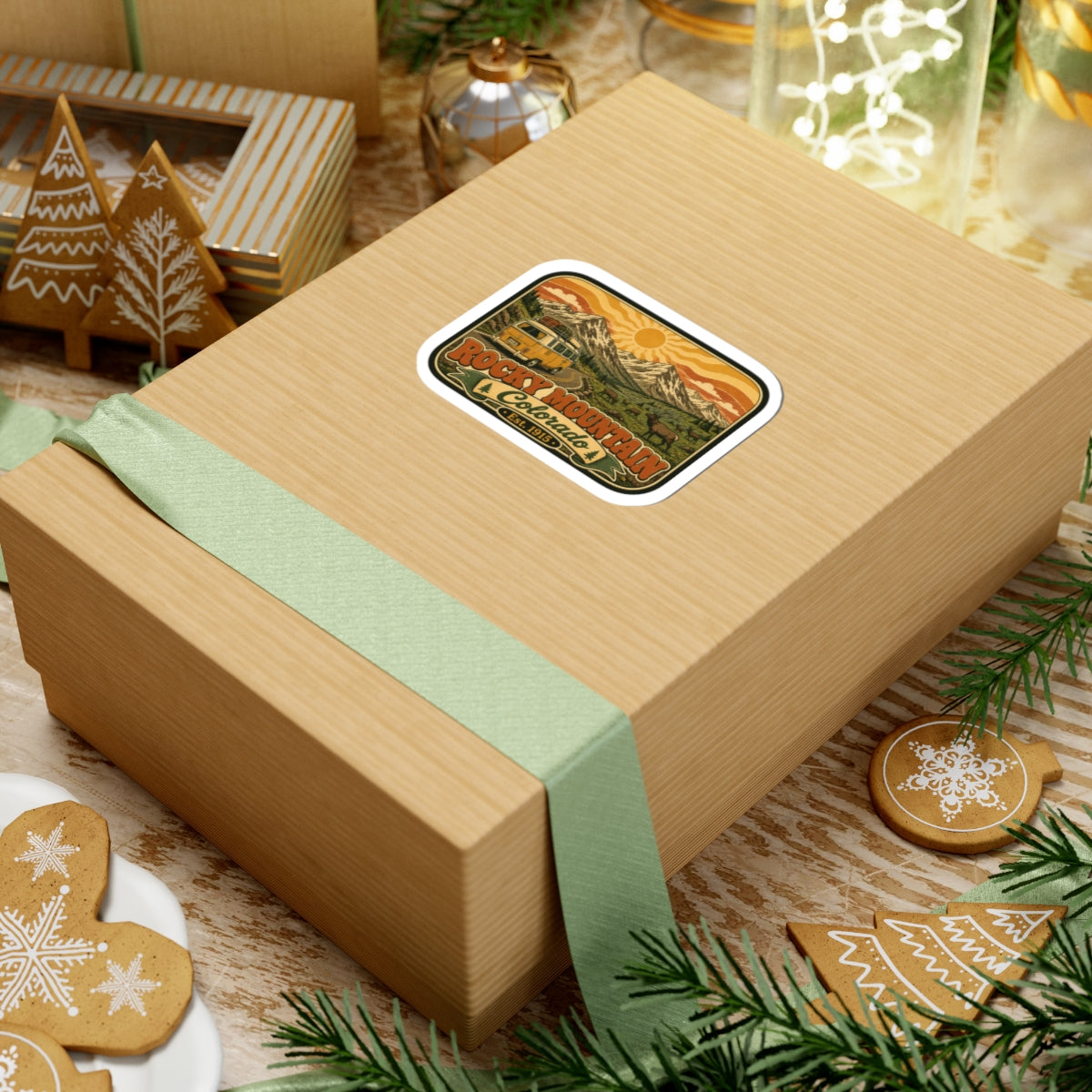 Outdoor Rocky Mountain Colorado sticker on a gift box, rounded white border.