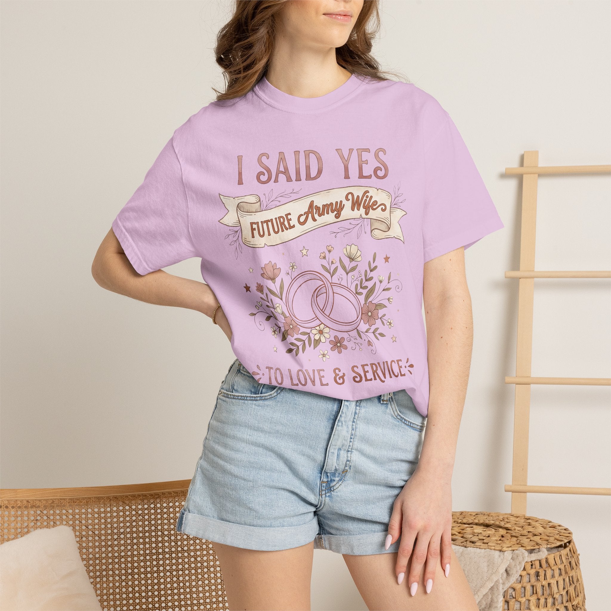 Lavender crew-neck T-shirt with 'I SAID YES' front graphic and banner
