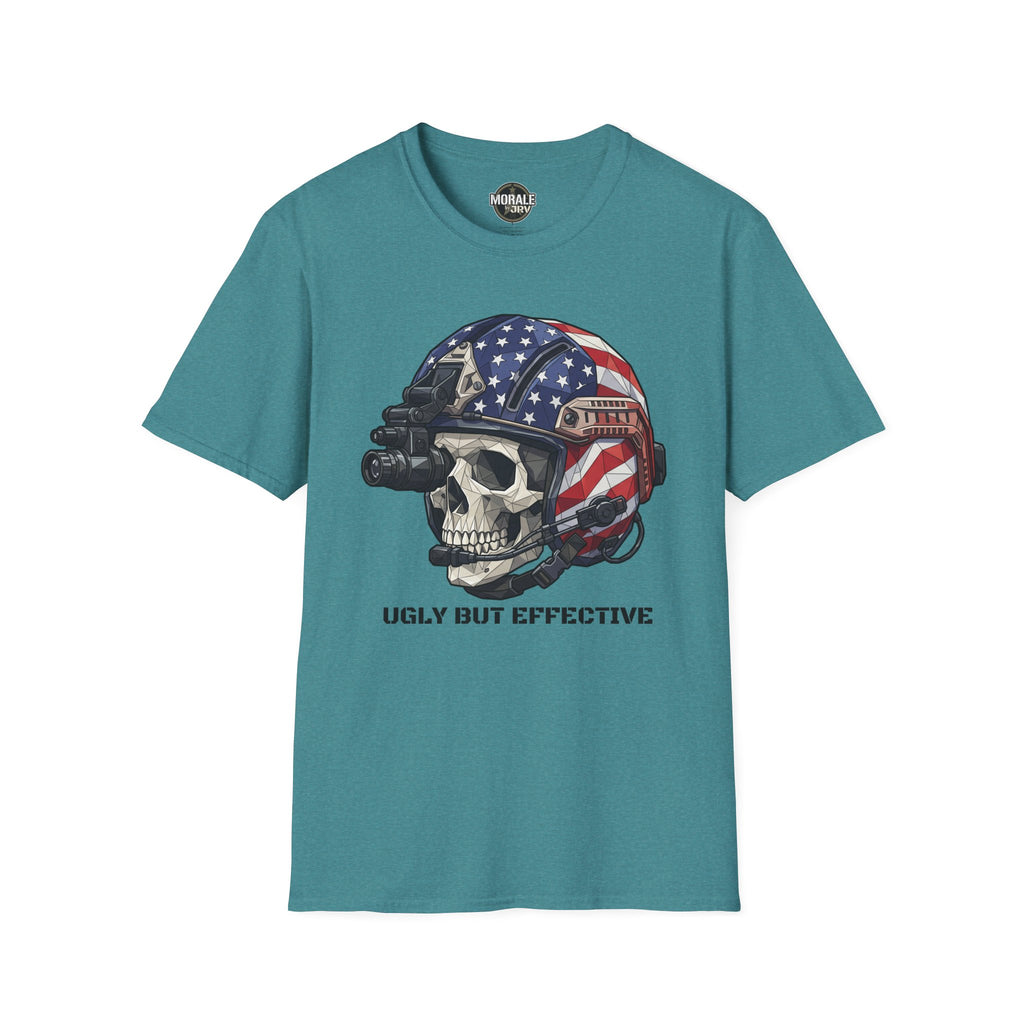 American Flag skull tactical helmet graphic T-shirt, teal crew neck