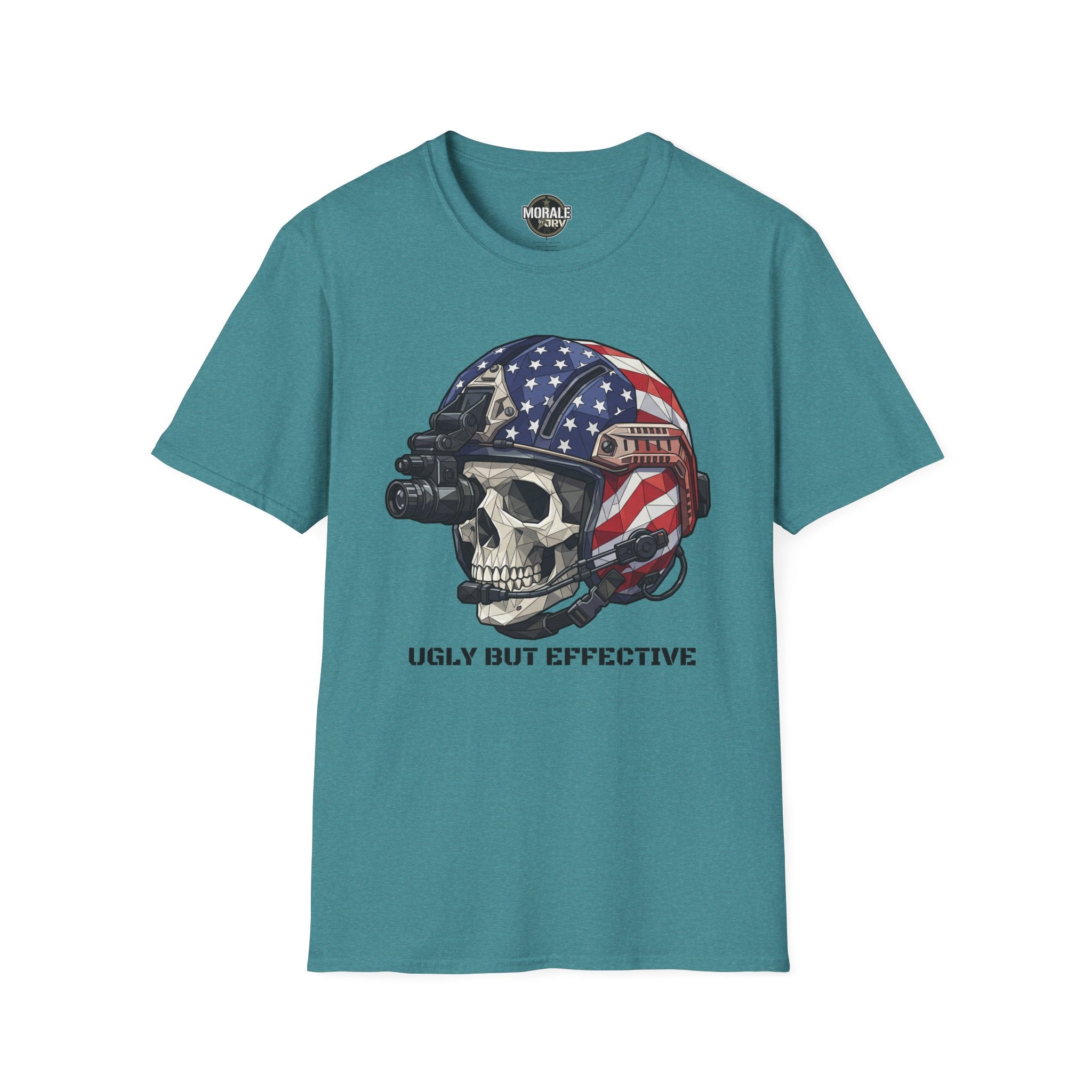 American Flag skull tactical helmet graphic T-shirt, teal crew neck