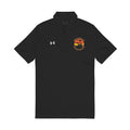 Black men’s performance polo shirt with embroidered crest and UA logo at chest