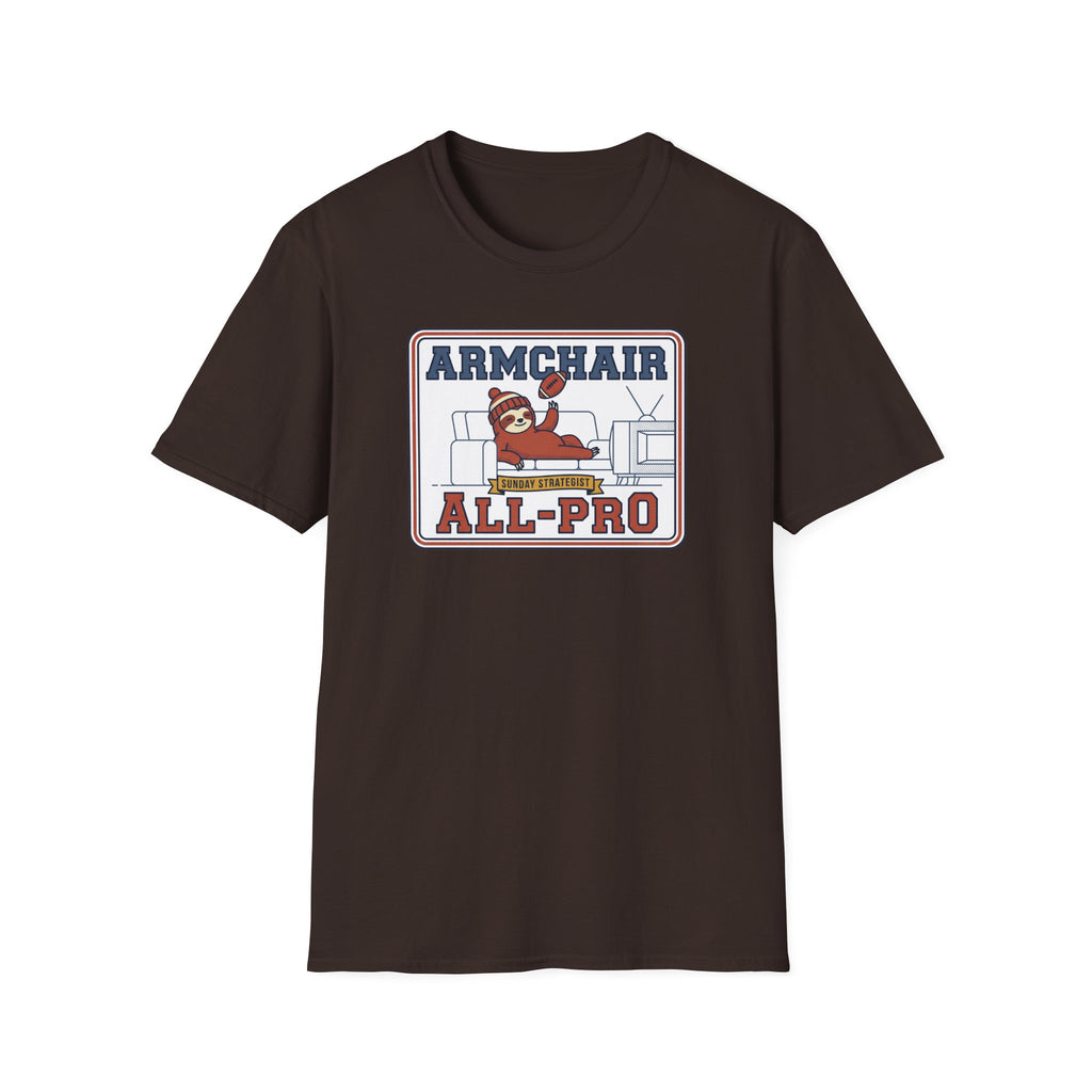 Funny sloth graphic football T-shirt in dark brown, “Armchair All-Pro” print