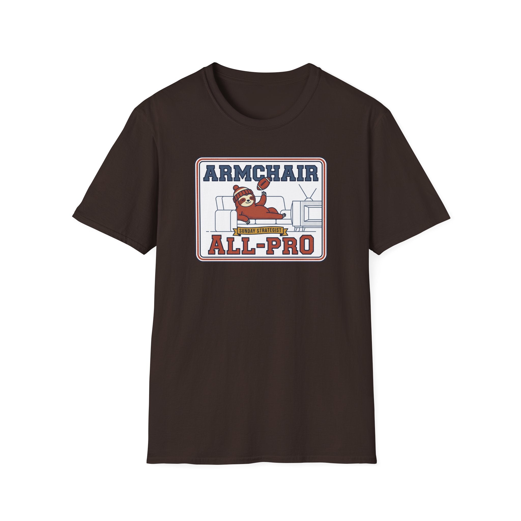 Funny sloth graphic football T-shirt in dark brown, “Armchair All-Pro” print