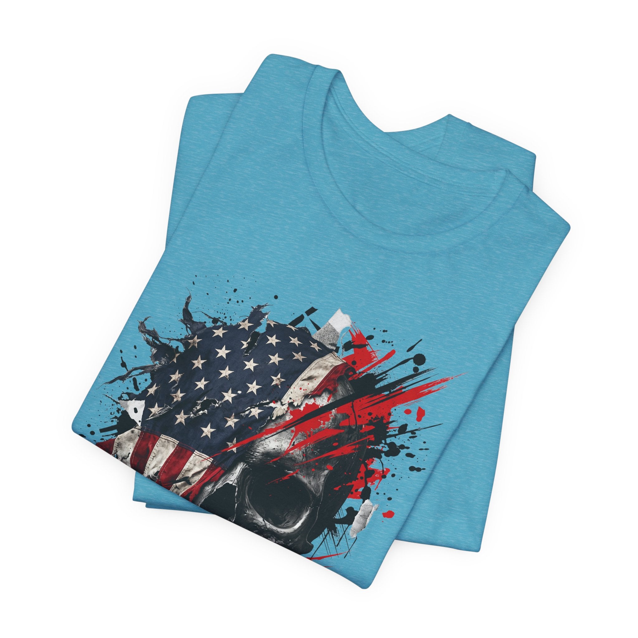 Blue crewneck T-shirt with American flag skull graphic, red/white/black splatter print