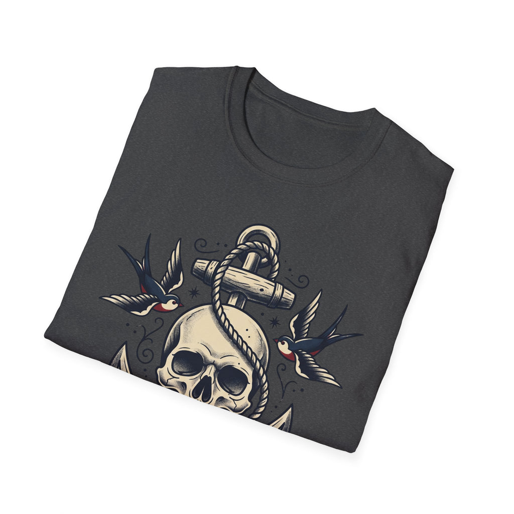 Dark heather T-shirt with sailor skull, anchor rope knot, swallow bird design