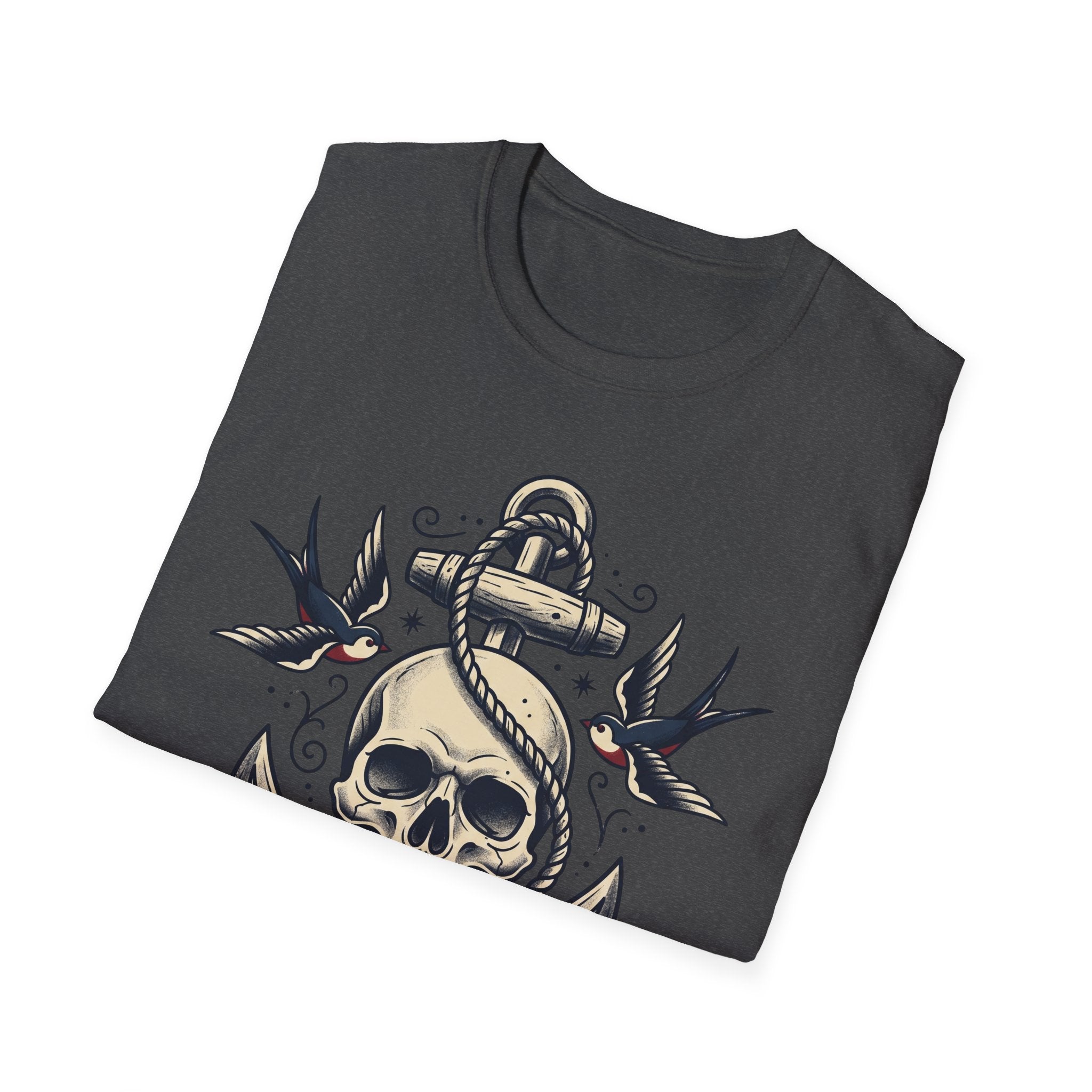 Dark heather T-shirt with sailor skull, anchor rope knot, swallow bird design
