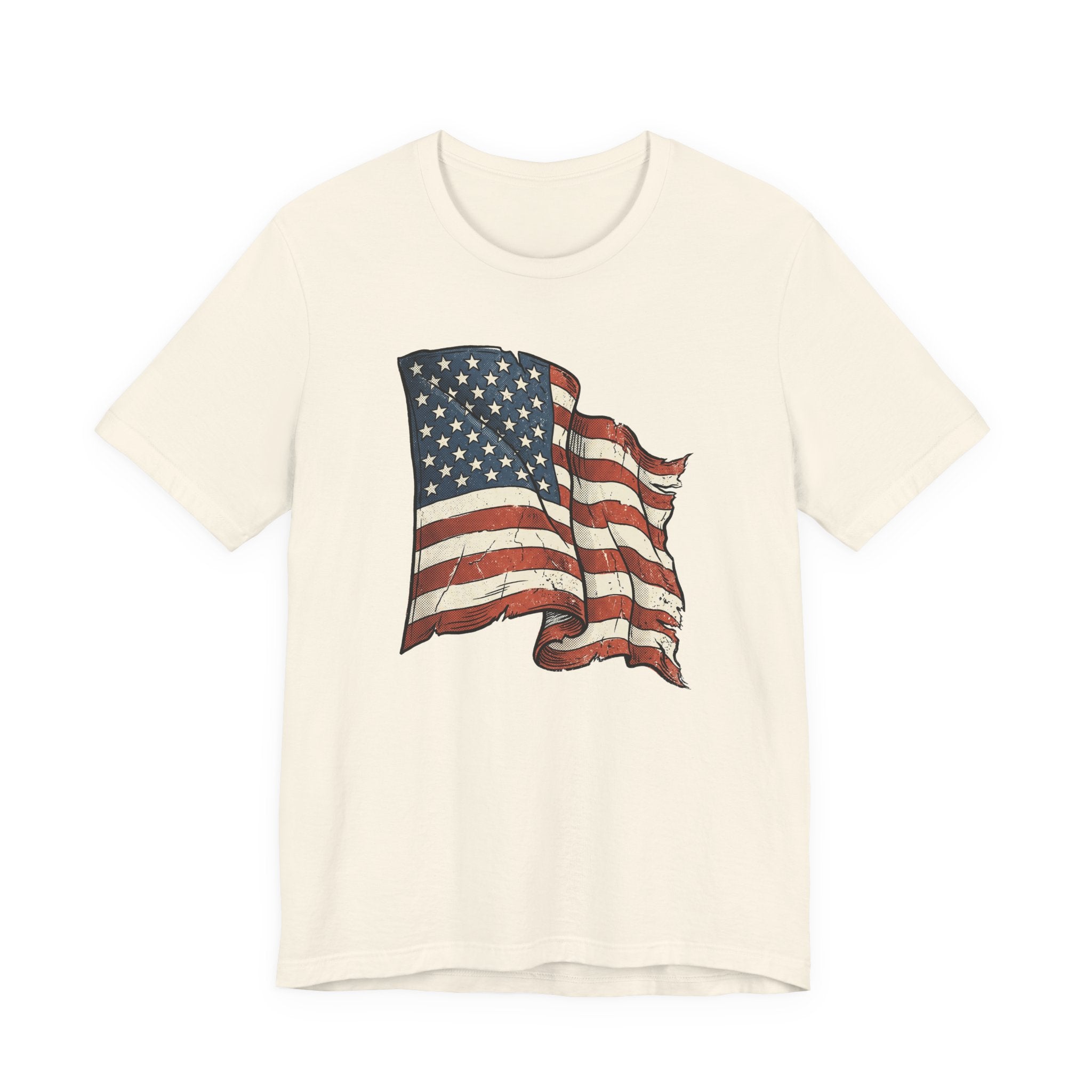 Light beige crew-neck T-shirt with distressed waving American flag graphic