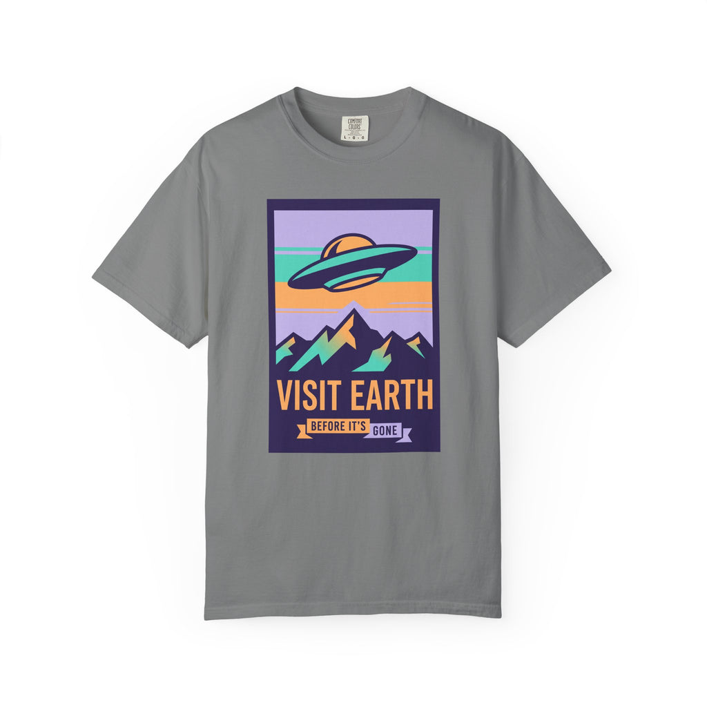 T-shirt with 'Visit Earth' UFO over mountains graphic, gray