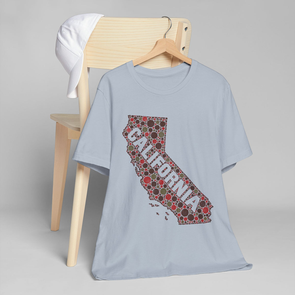 Light blue short-sleeve T-shirt with red floral dot California outline graphic