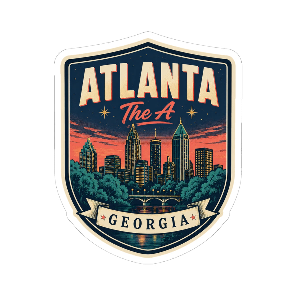 Atlanta Georgia luggage tag sticker, 'The A' logo over night skyline background