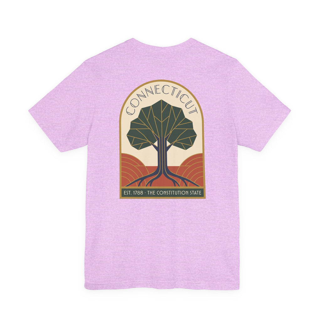 Connecticut tree graphic t-shirt, lavender, front emblem with tree and “Connecticut” text