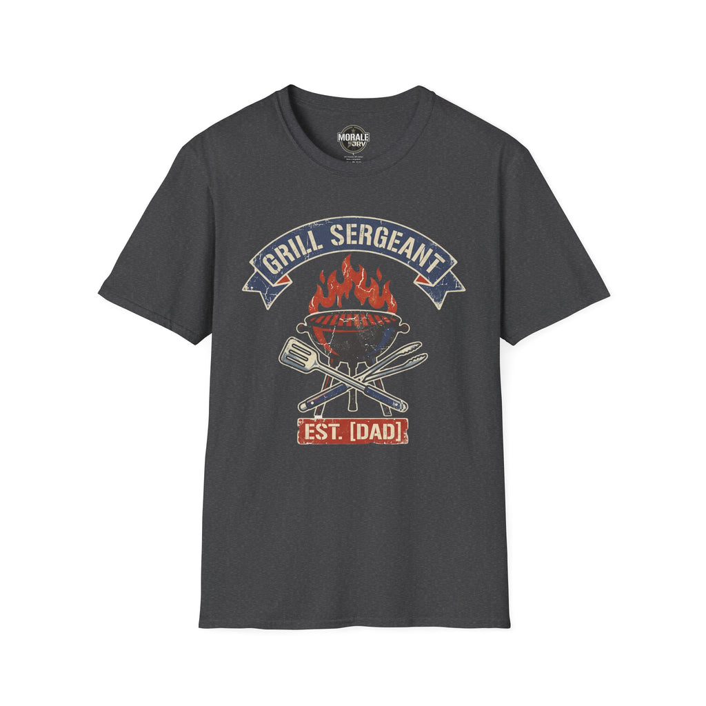 Dark heather Grill Sergeant BBQ T-shirt with flaming grill, crossed tools, and “EST. [IDADD]”