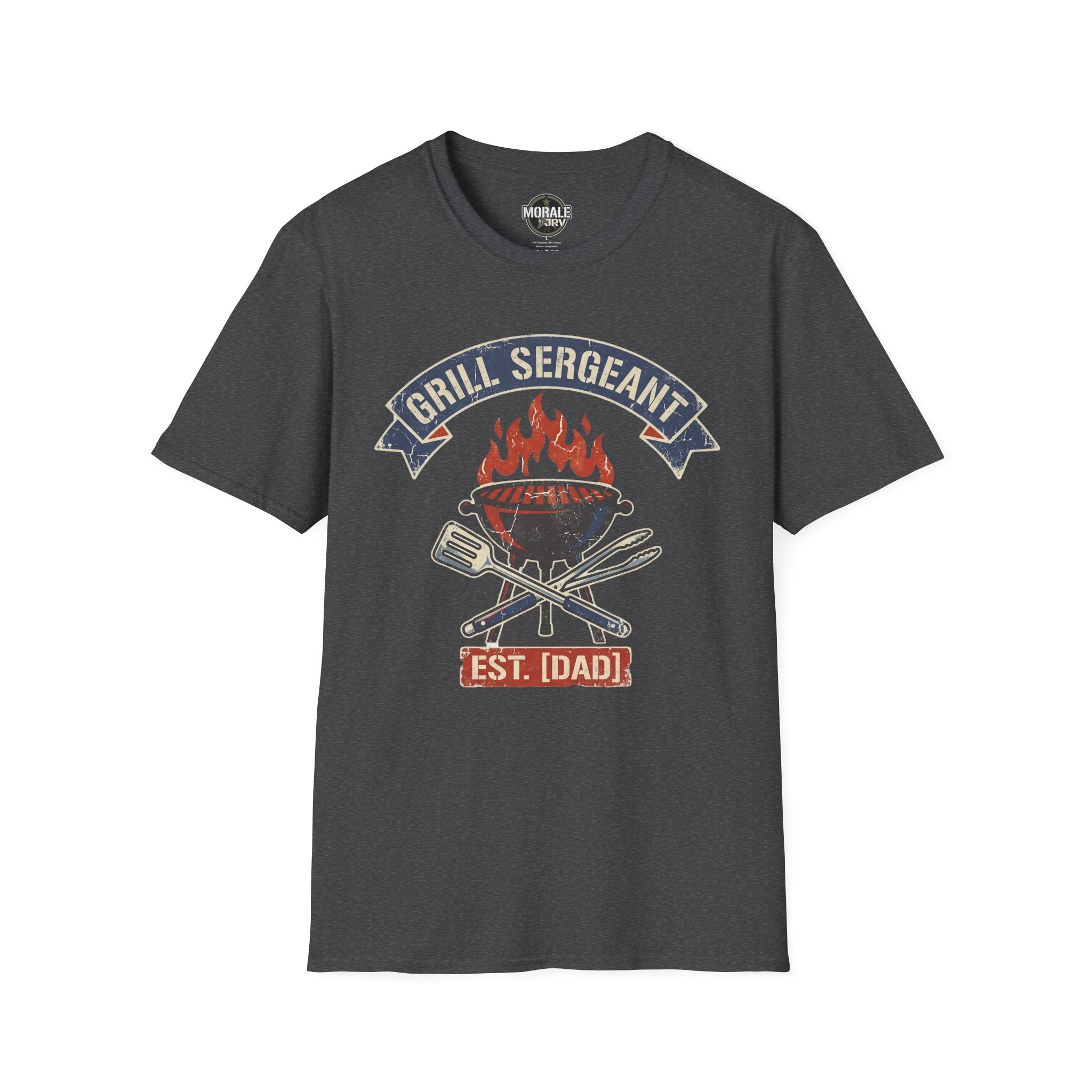 Dark heather Grill Sergeant BBQ T-shirt with flaming grill, crossed tools, and “EST. [IDADD]”