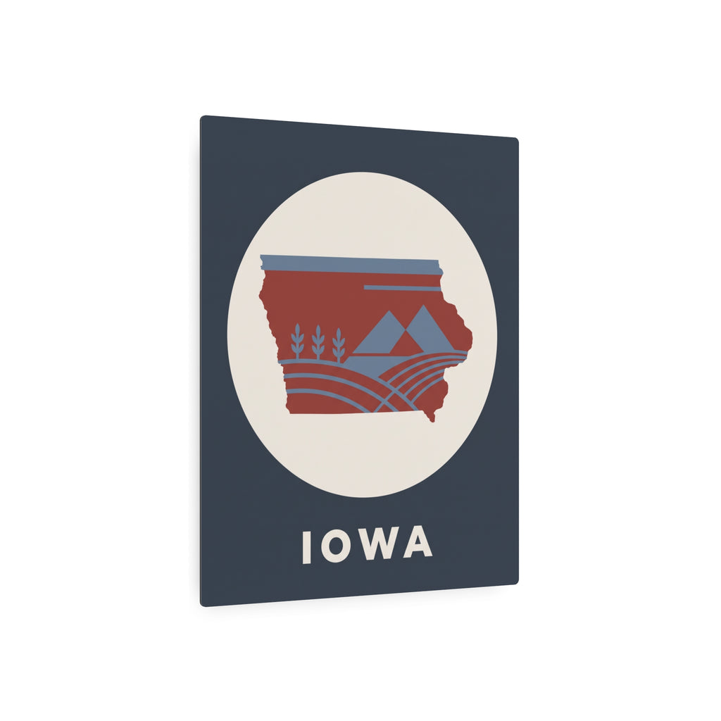 Dark blue metal wall sign with circular Iowa emblem, red state silhouette, and 'IOWA' text