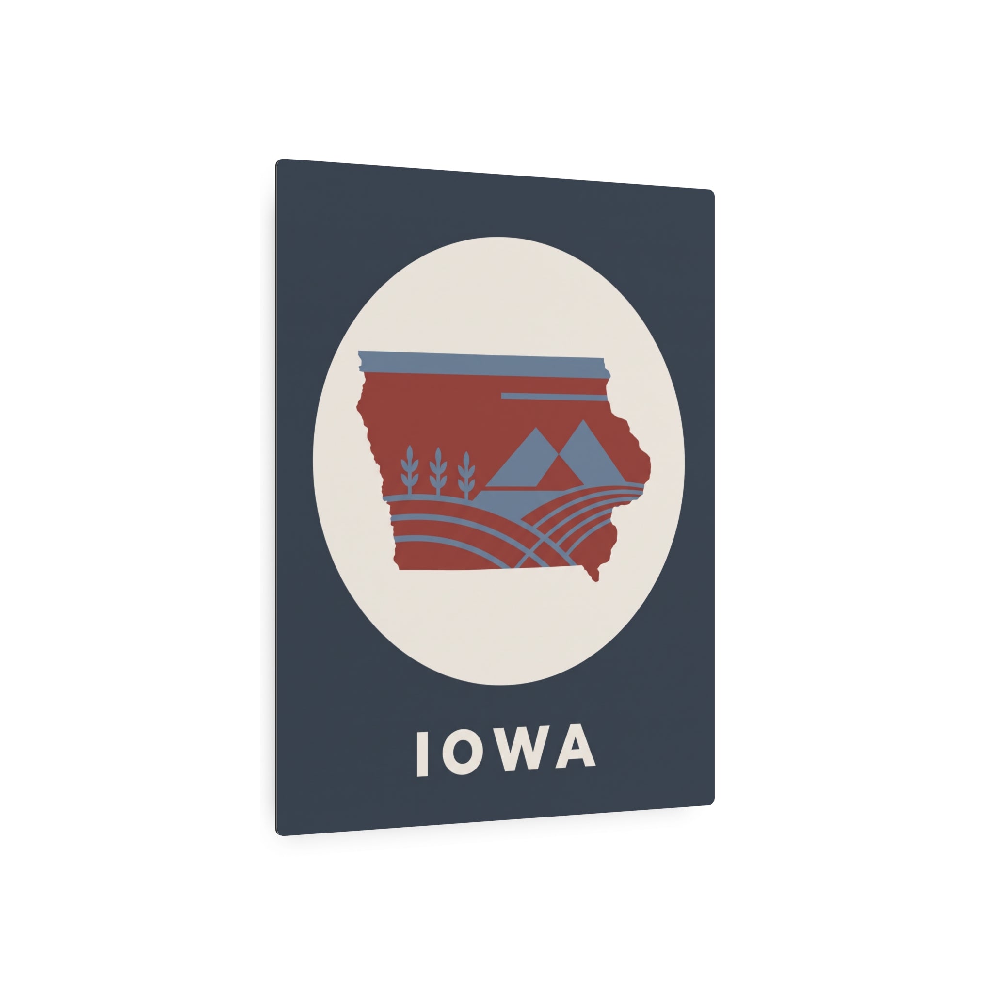 Dark blue metal wall sign with circular Iowa emblem, red state silhouette, and 'IOWA' text