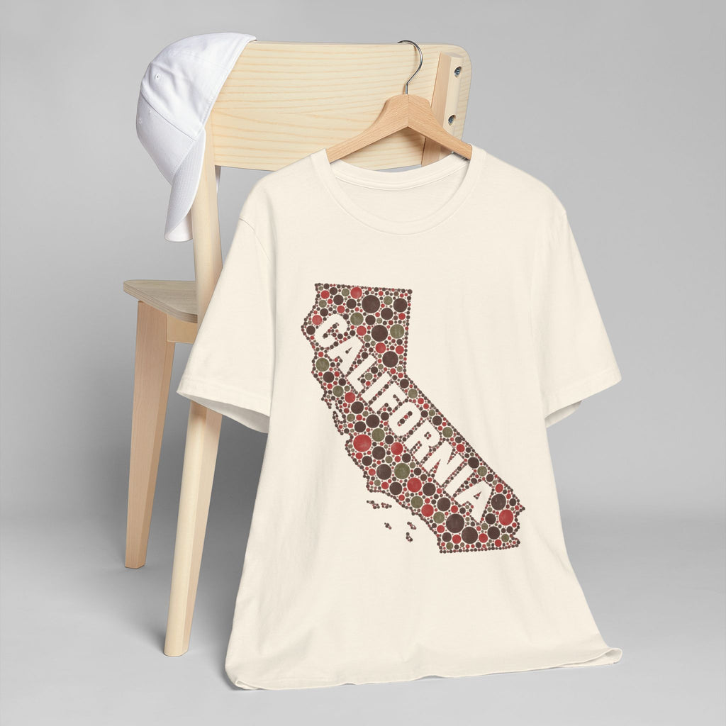 White crew-neck T-shirt with red floral dotted California outline graphic.