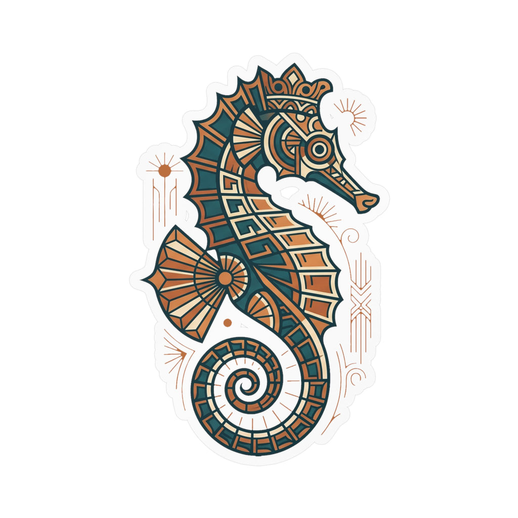 Art deco seahorse vinyl decal, full teal teal-and-orange mosaic design