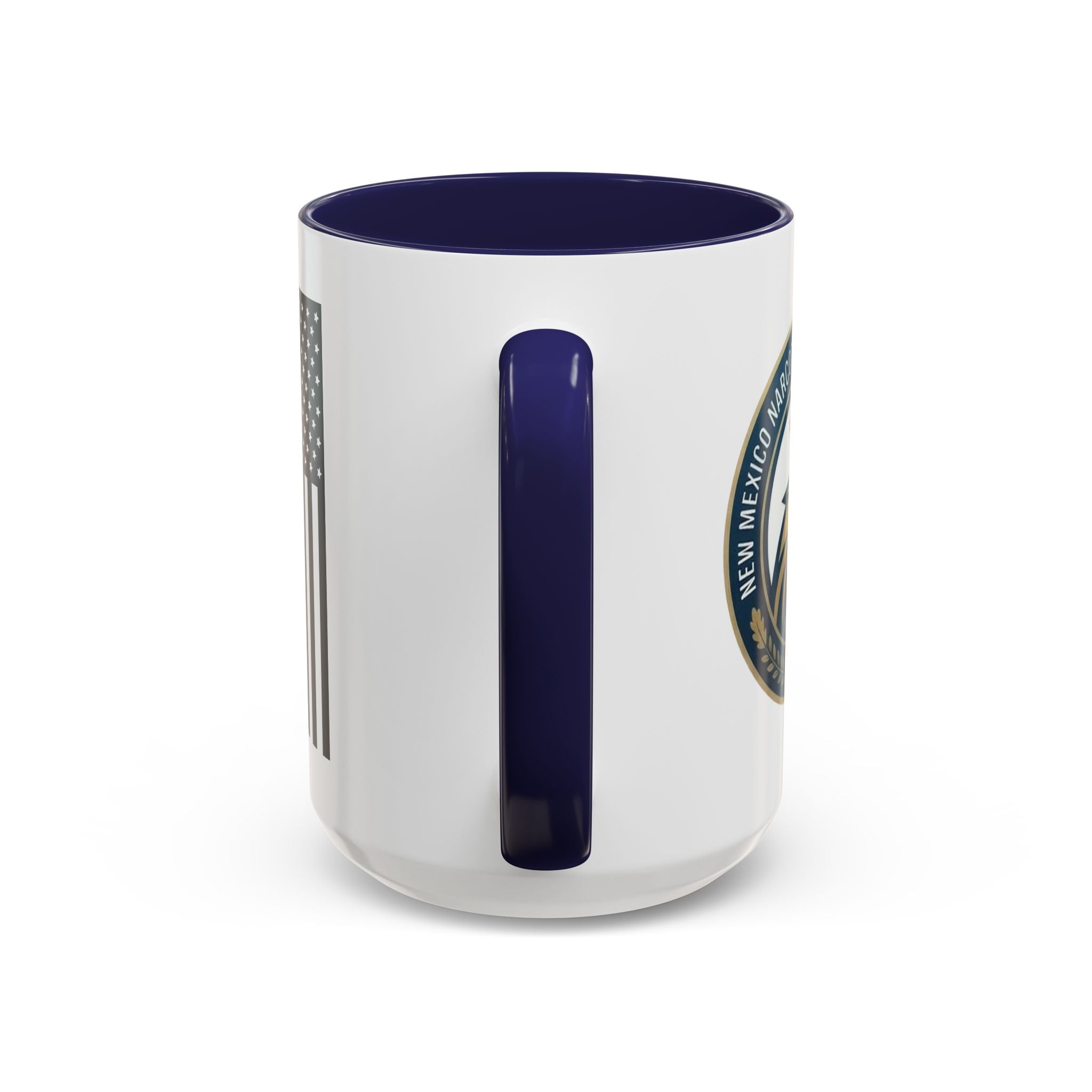 White coffee mug with navy rim, showing vertical navy U-shaped graphic and side print.