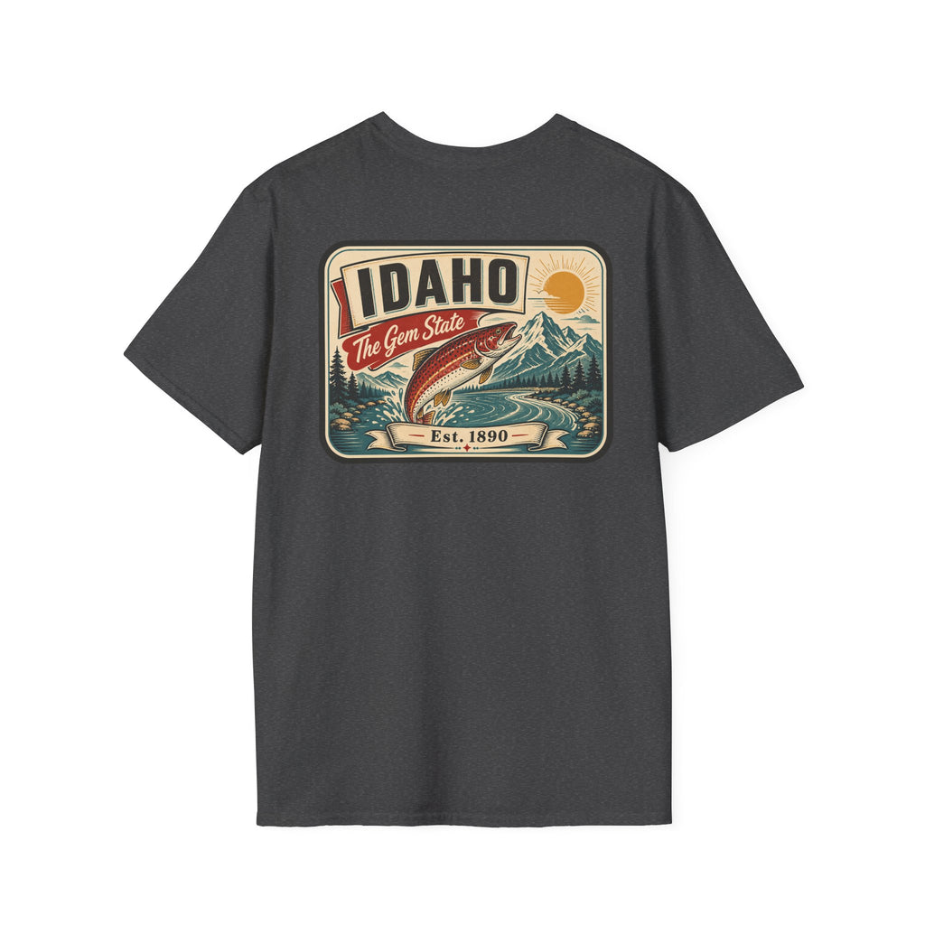 Charcoal t-shirt with Idaho travel badge graphic and trout illustration