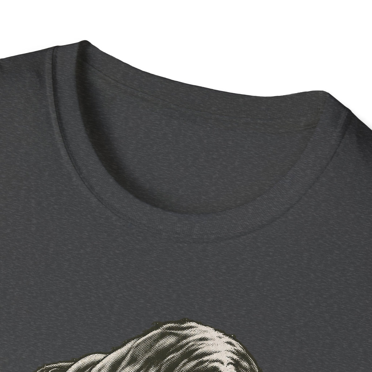 Dark gray T-shirt neckline with partial monochrome bull graphic at the chest