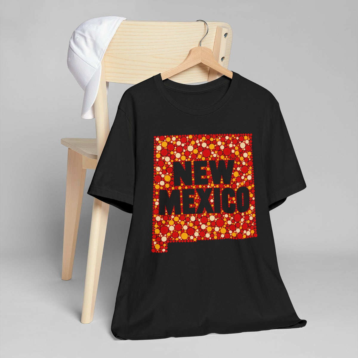 Black crew-neck T-shirt with red and orange New Mexico graphic print