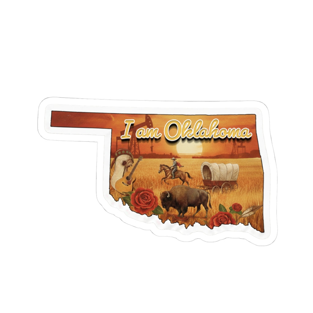 I am Oklahoma sticker with die-cut border, western landscape and rose accents