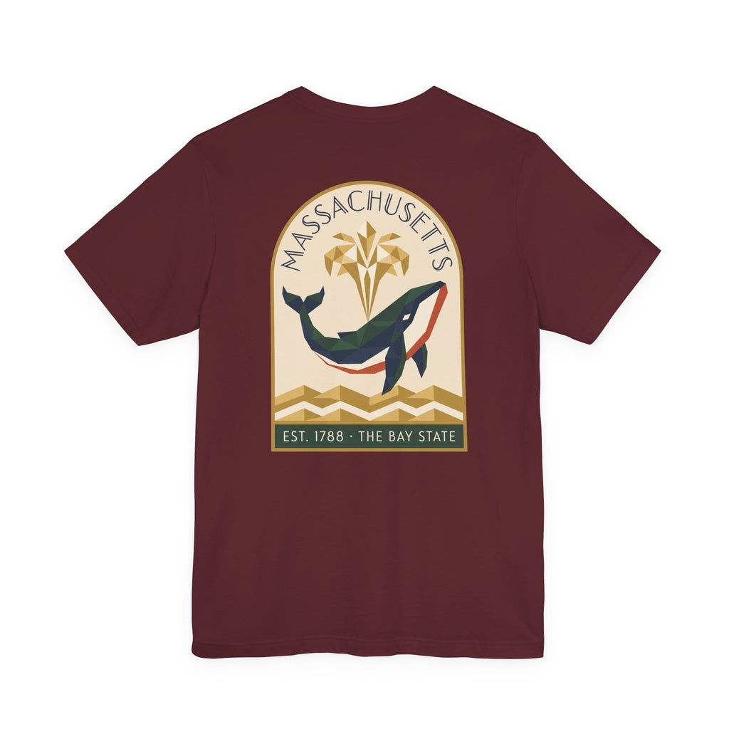 Maroon whale art deco T-shirt with round Bay State graphic and text