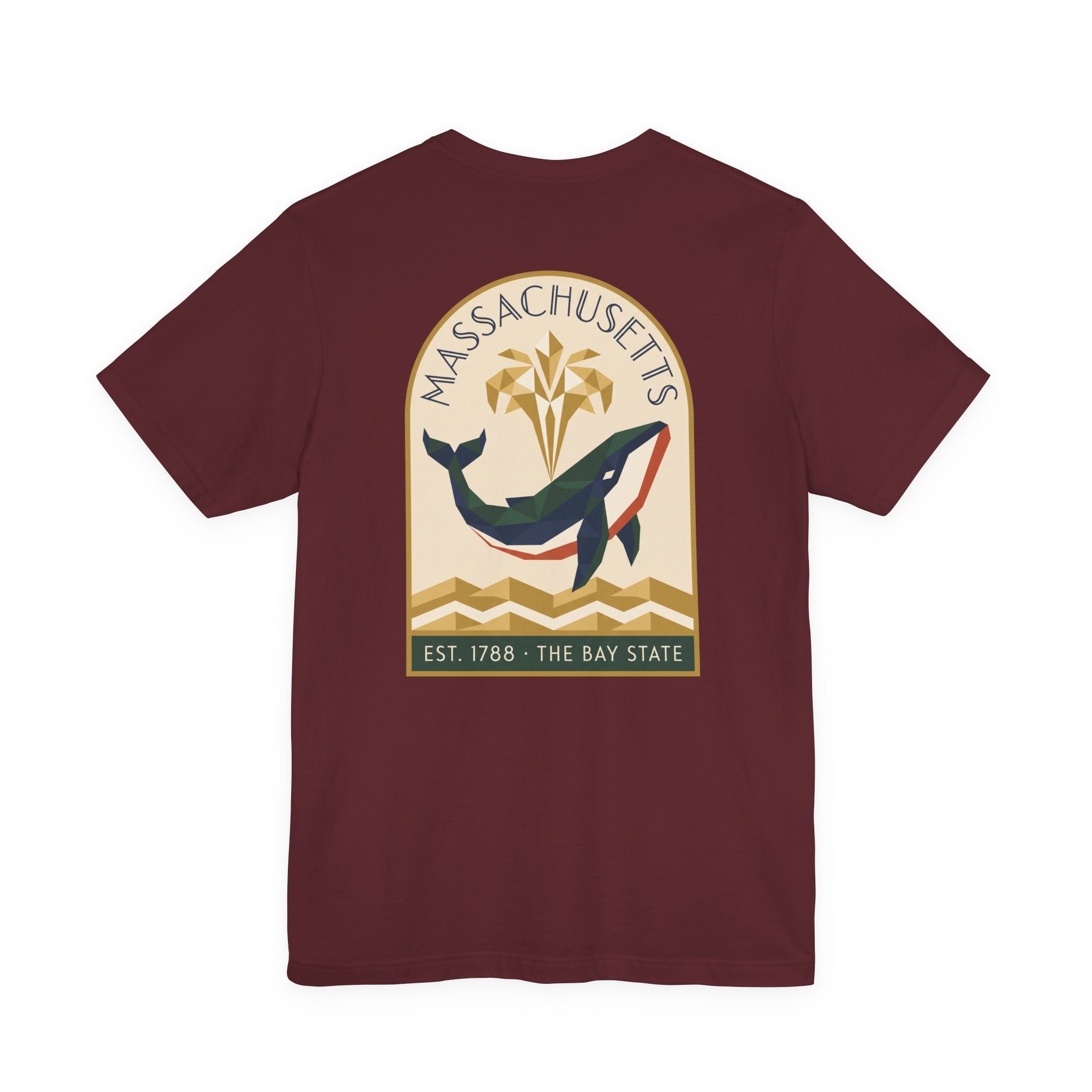 Maroon whale art deco T-shirt with round Bay State graphic and text