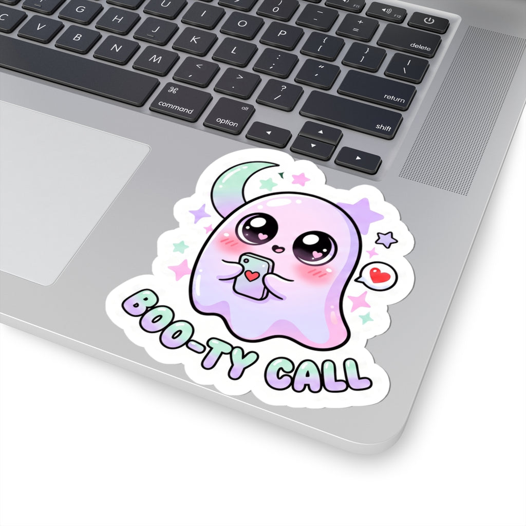 Kawaii ghost phone sticker with big eyes, hand gesture, heart bubble, and Boo-ty Call