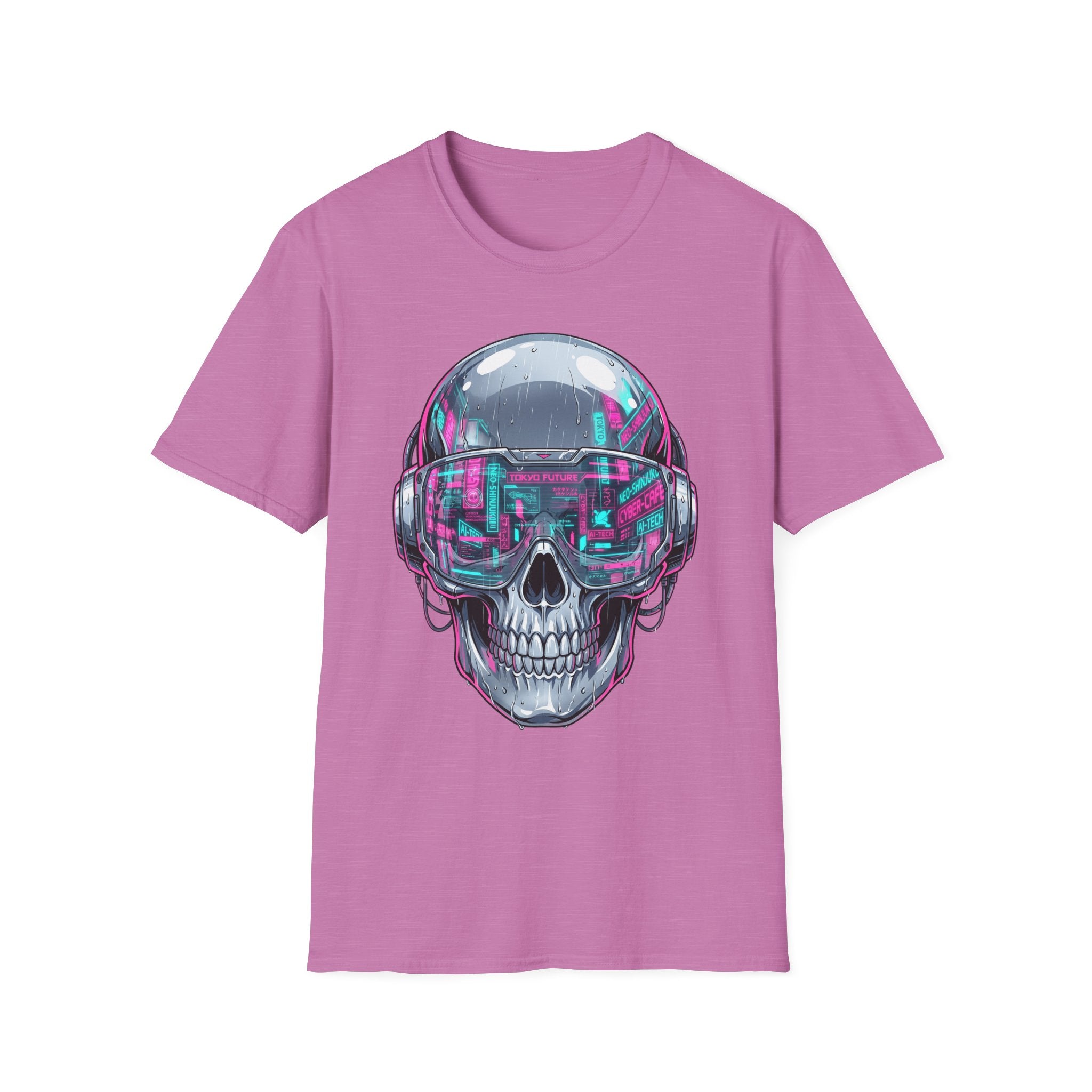 Purple T-shirt with cyberpunk chrome skull and neon visor graphic