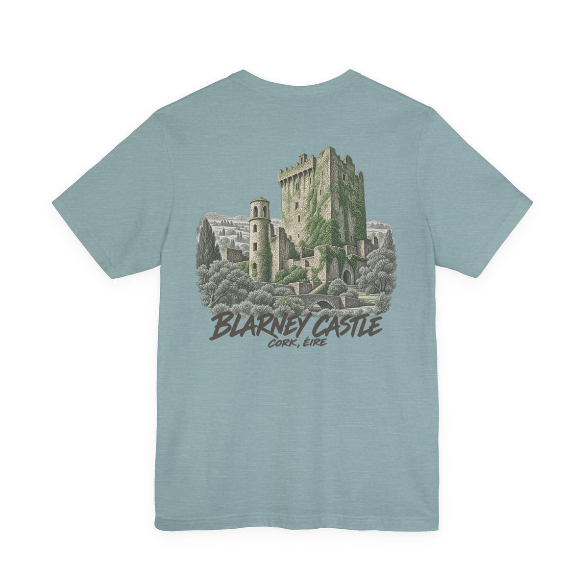 Teal travel t-shirt with vintage castle postage-stamp graphic on chest