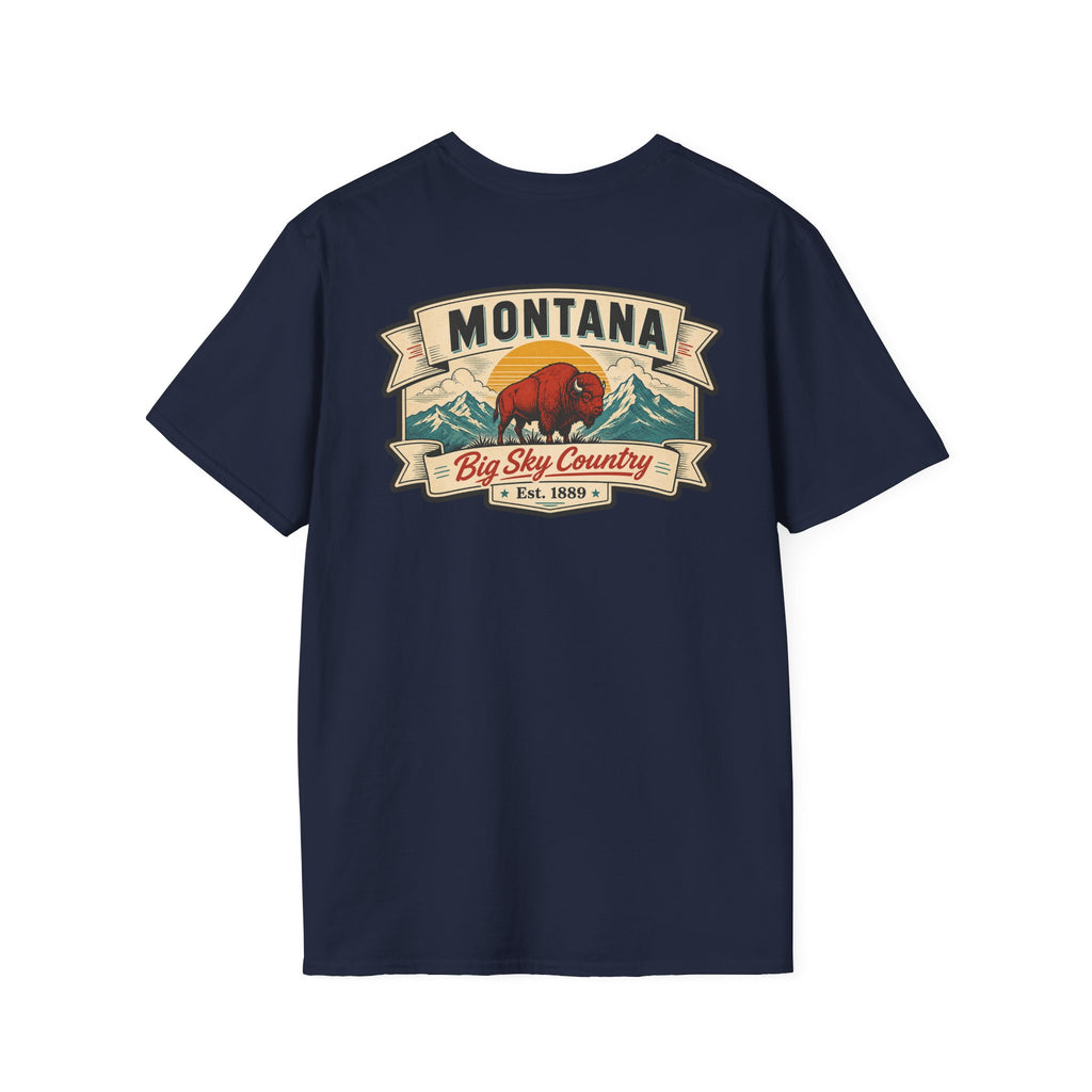 Navy Montana bison travel T-shirt with 'MONTANA' and 'Big Sky Country' graphic