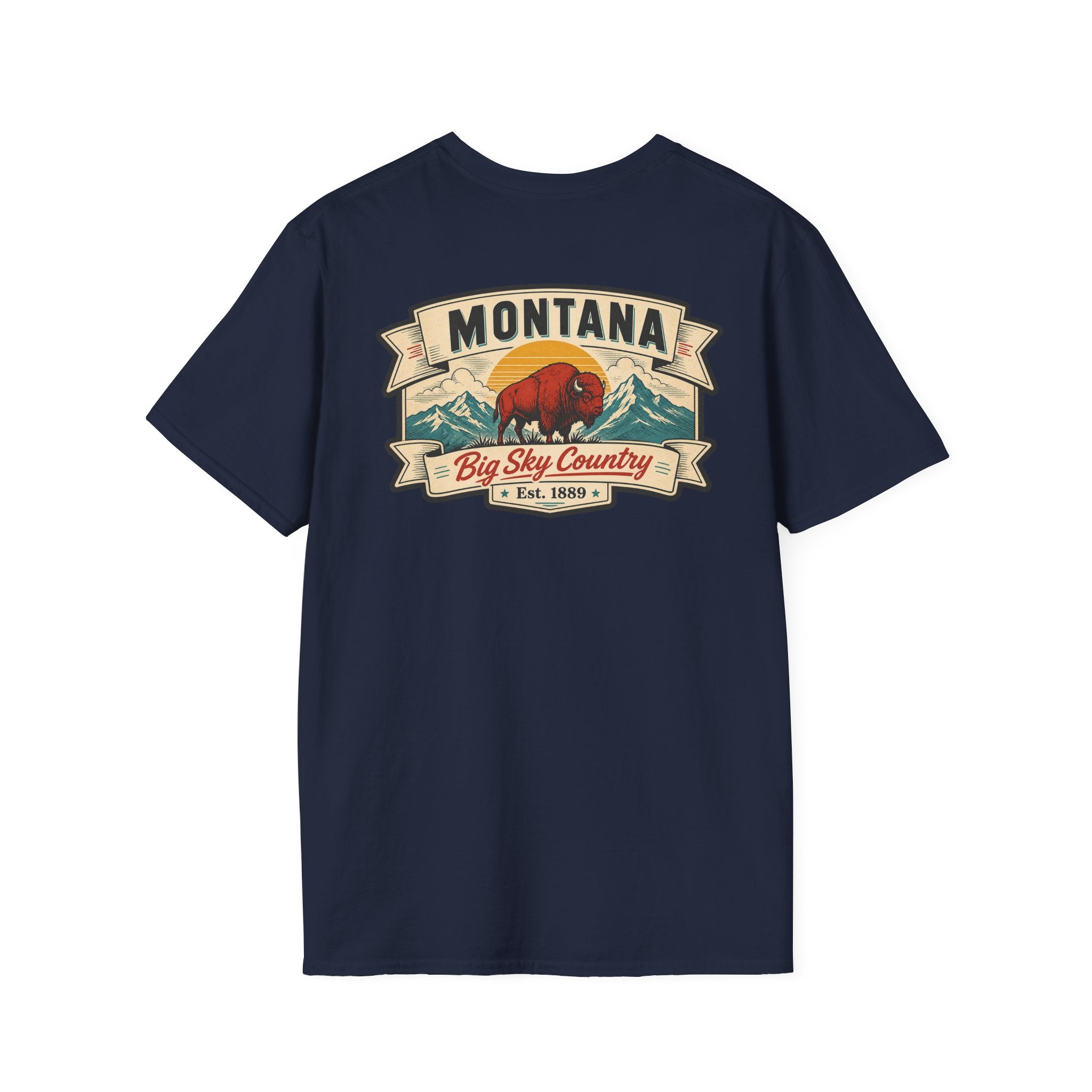 Navy Montana bison travel T-shirt with 'MONTANA' and 'Big Sky Country' graphic